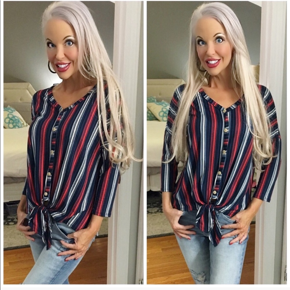 ❤️LAST 1! Tie Front Striped V Neck Blouse - Picture 2 of 2